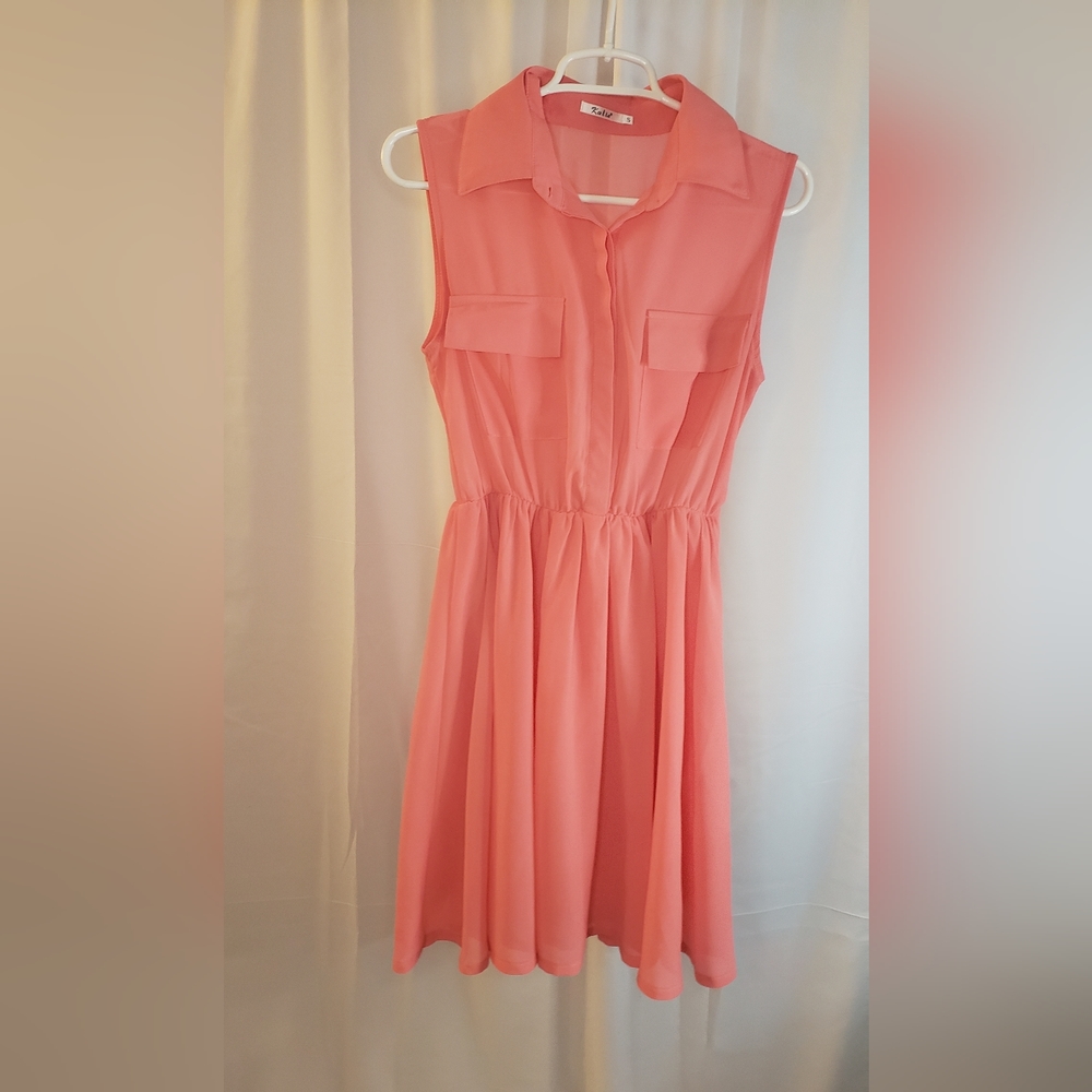 Katie, women's size Small, button up midi dress, hot peach. 95% rayon, 5% cotton